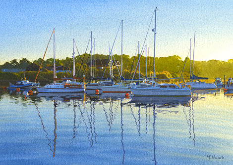 A watercolour painting of yachts at dawn in Lymington Harbour by Margaret Heath RSMA.